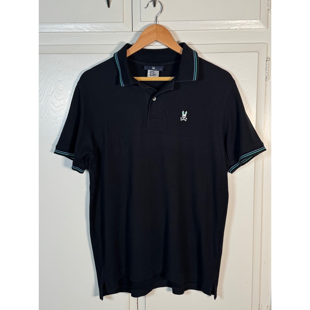 Psycho Bunny Mens Black Pique Polo Shirt Short Sleeve Size 5 L Teal Tipping